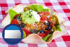 kansas map icon and a texmex taco salad in a baked tortilla