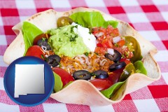 new-mexico map icon and a texmex taco salad in a baked tortilla