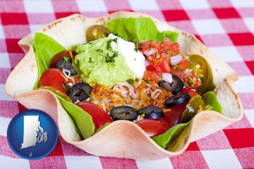 a texmex taco salad in a baked tortilla - with Rhode Island icon